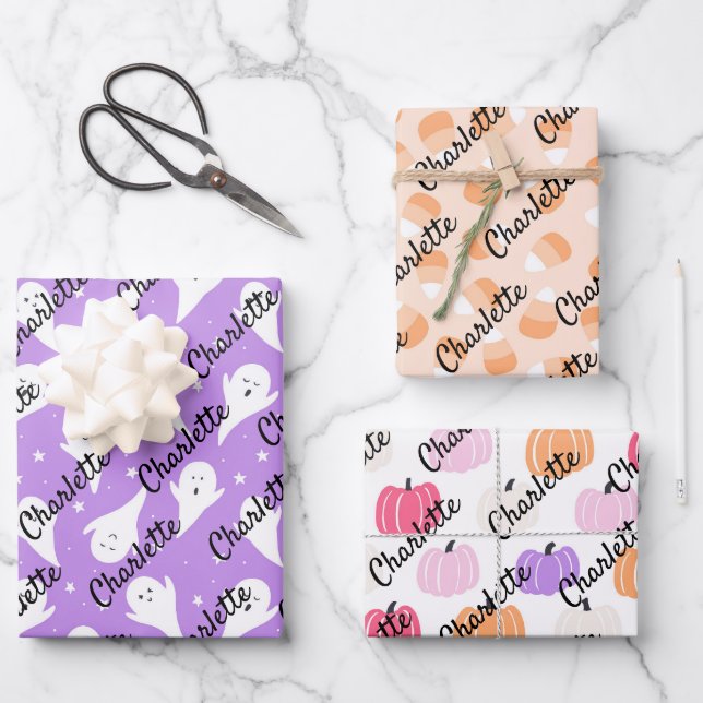 Pastel Halloween Child's Name Ghosts Pumpkins Wrapping Paper Sheet (Front)
