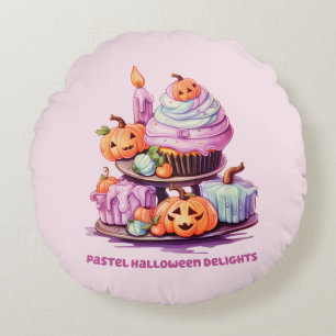 Pastel Halloween Delights – Enchanting Pastel Cake Round Pillow