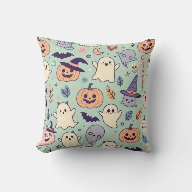 Pastel Halloween Pattern Ghost Pumpkin Bats Witch Throw Pillow (Front)