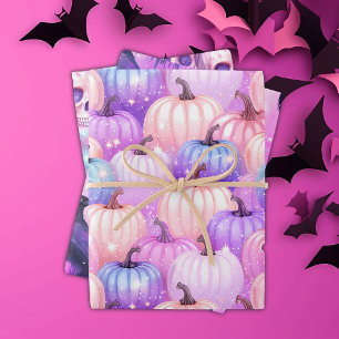 Pastel Halloween Pumpkins, Skulls, Crows, Pinks Wrapping Paper Sheet