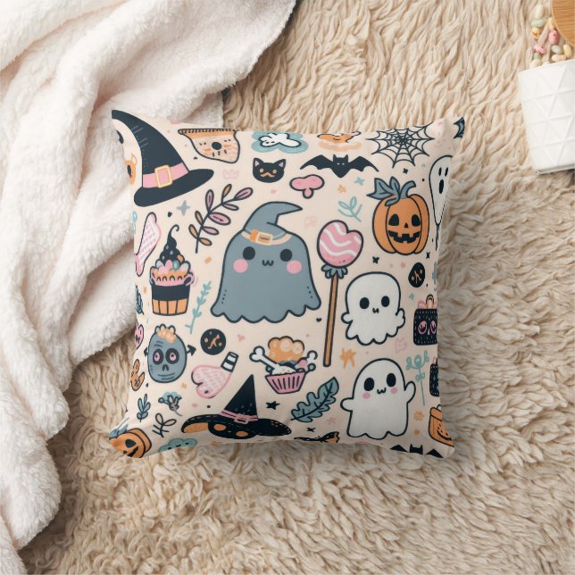 Pastel Halloween Spooky Pattern - Cute Throw Pillow (Blanket)