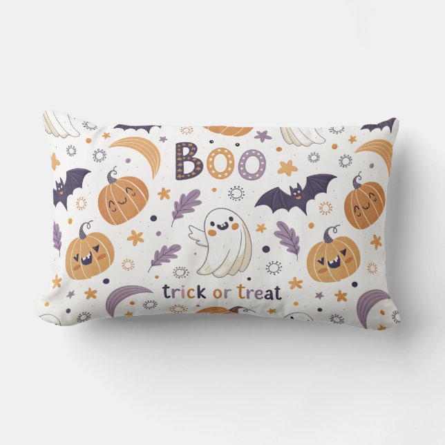 Pastel Halloween Throw Pillow – Cute Ghosts & Pump (Front)