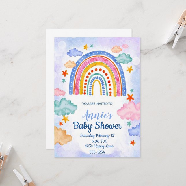 Pastel hand drawn rainbow  invitation (Front/Back In Situ)