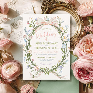 Pastel Hand Drawn Vintage Floral Bow Green Wedding Invitation