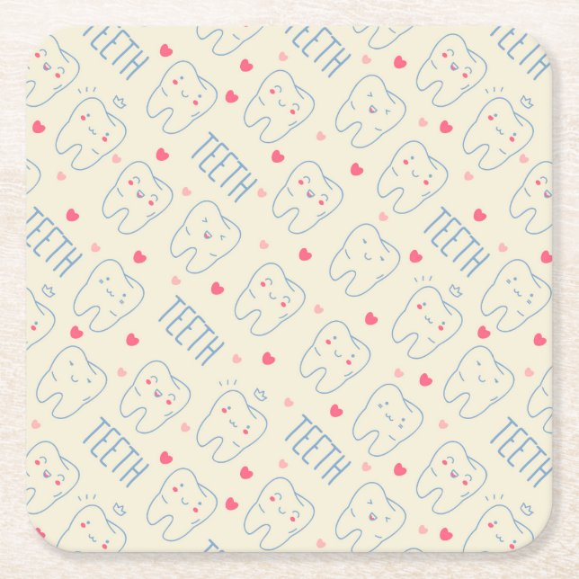 Pastel Happy Teeth Pattern Square Paper Coaster (Front)