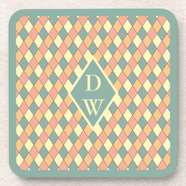 Pastel Harlequin Diamond Monogram Design Coaster (Front)