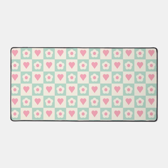 Pastel Heart and Flower Pattern Desk Mat (Front)
