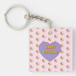 Pastel Heart Balloon Happy Birthday Design Keychain