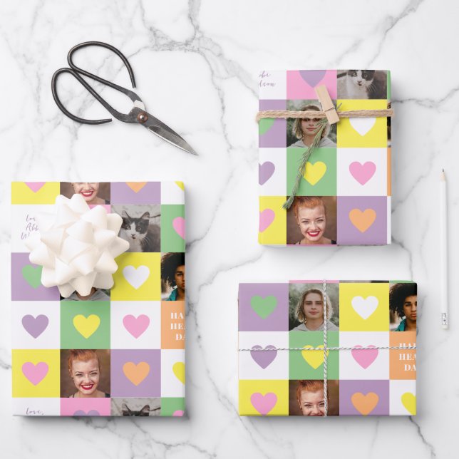 Pastel Heart Checkerboard with Photos Valentine Wrapping Paper Sheet (Front)