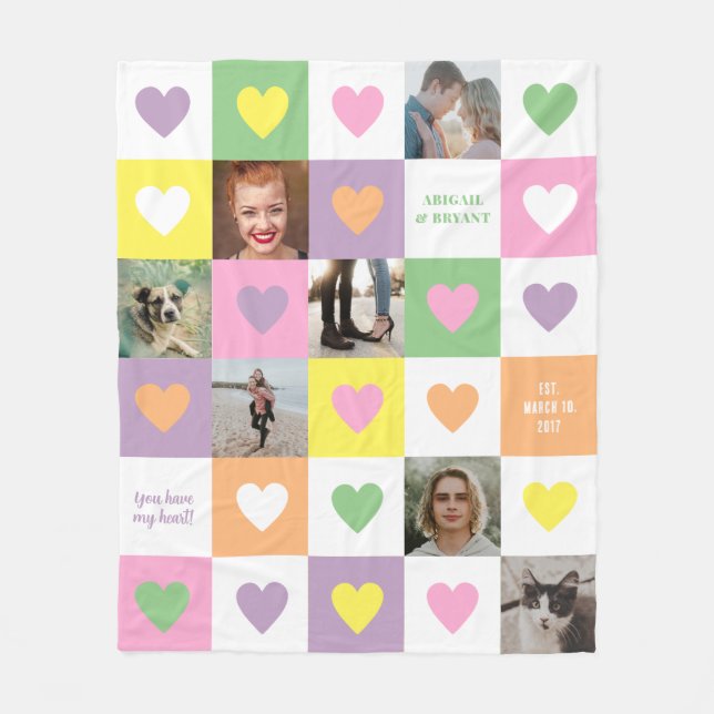 Pastel Heart Chequerboard Couple's Photo Gift Fleece Blanket (Front)