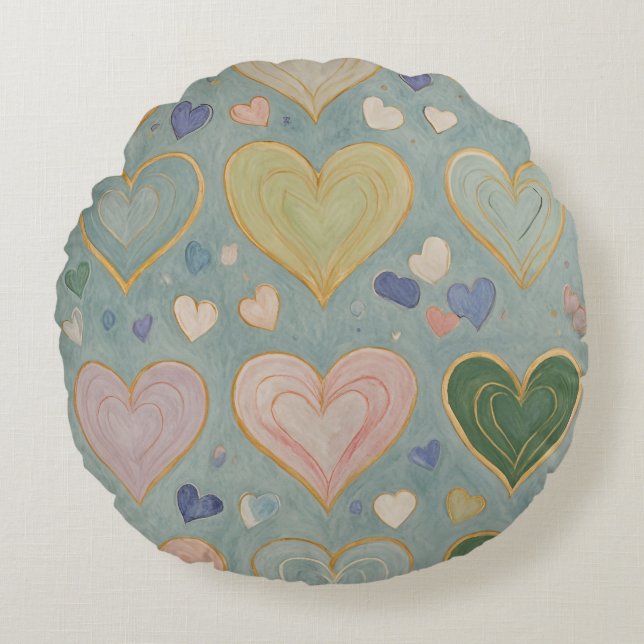 Pastel Heart Tapestry Round Pillow (Front)