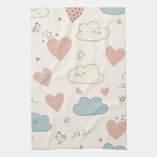 Pastel Hearts & Clouds Watercolor Dream (10) Kitchen Towel