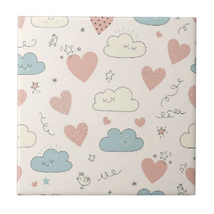 Pastel Hearts & Clouds Watercolor Dream (10) Tile
