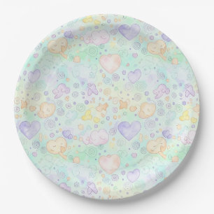 Pastel Hearts & Clouds Watercolor Dream (2) Paper Plate