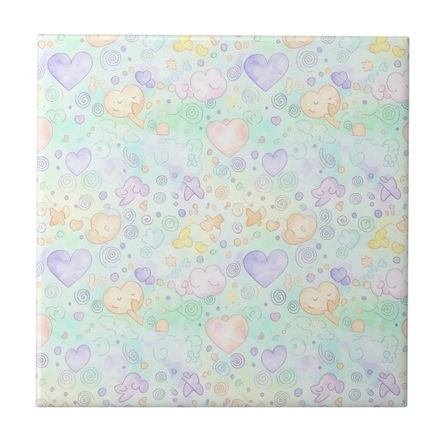 Pastel Hearts & Clouds Watercolor Dream (2) Tile (Front)