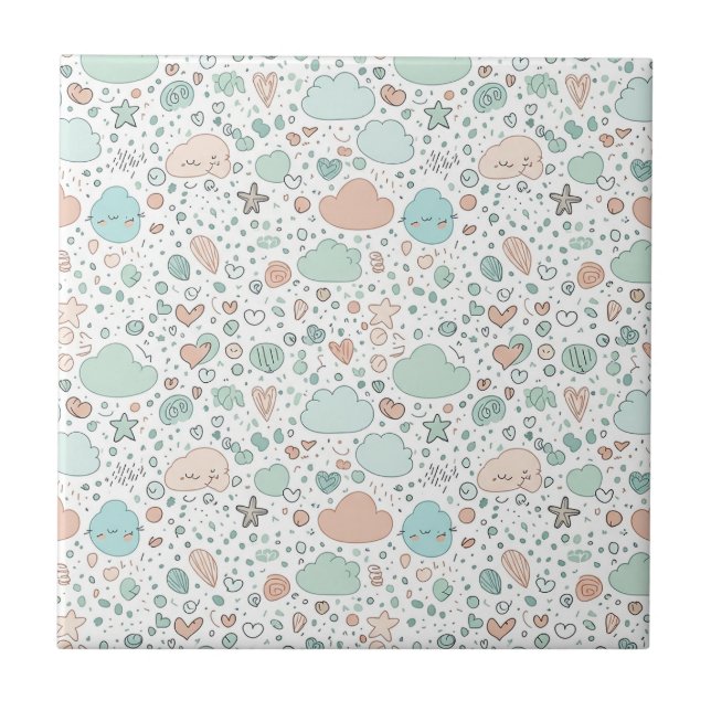 Pastel Hearts & Clouds Watercolor Dream (3) Tile (Front)