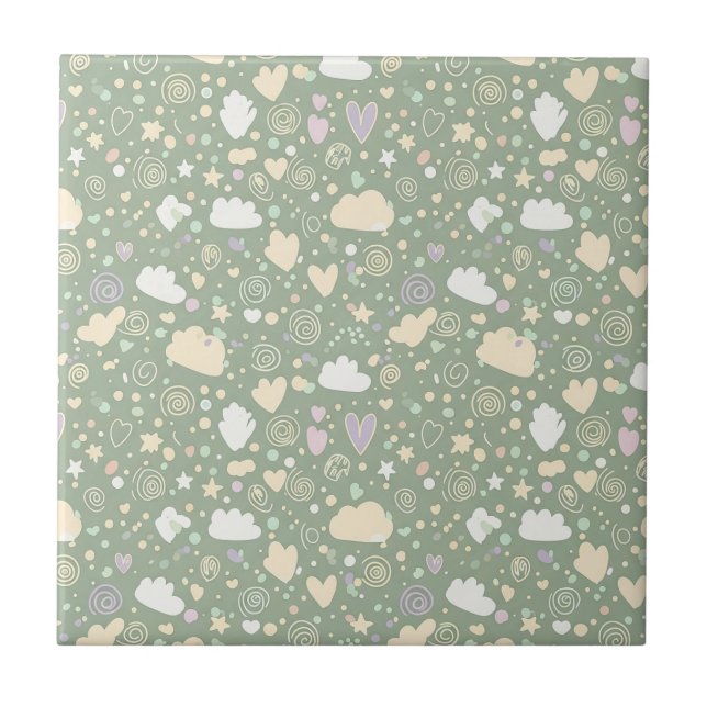 Pastel Hearts & Clouds Watercolor Dream (4) Tile (Front)