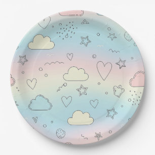 Pastel Hearts & Clouds Watercolor Dream (8) Paper Plate