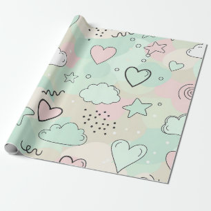 Pastel Hearts & Clouds Watercolor Dream (9) Wrapping Paper