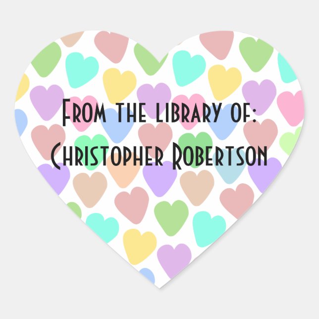 Pastel Hearts Design Bookplate Heart Sticker (Front)