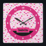 Pastel Hearts on Pink Personalized Square Wall Clock<br><div class="desc">This cute girly clock features a light pink,  purple,  orange & green heart pattern background accented with a pink stripe and a pink box with customizable text for personalization.  This pink heart clock makes a perfect accent for a girls bedroom.</div>