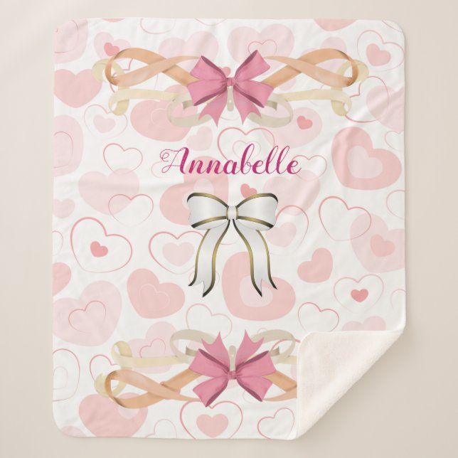 Pastel Hearts with Victorian Ribbon Personalize Sherpa Blanket (Front)