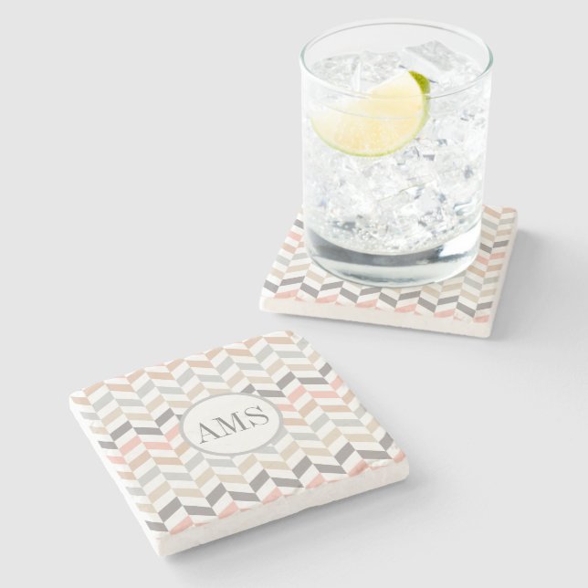 Pastel Herringbone Monogram Personalized  Stone Coaster (Side)