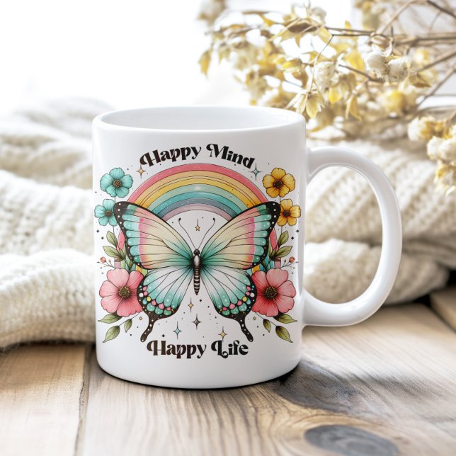 Pastel Hippie "Happy Mind Happy Life" Coffee Mug (Pastel Hippie "Happy Mind Happy Life" Coffee Mug on a neutral cozy wooden table.)
