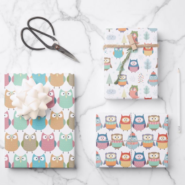 Pastel Hivernal Chouettes Envelopper feuilles de p (Recto)