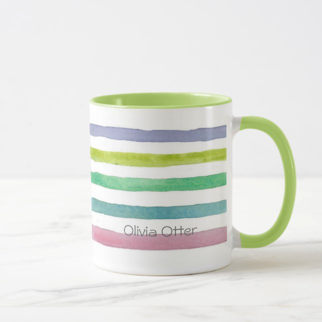 Pastel Horizontal Watercolor Stripes Custom Name Mug (Right)
