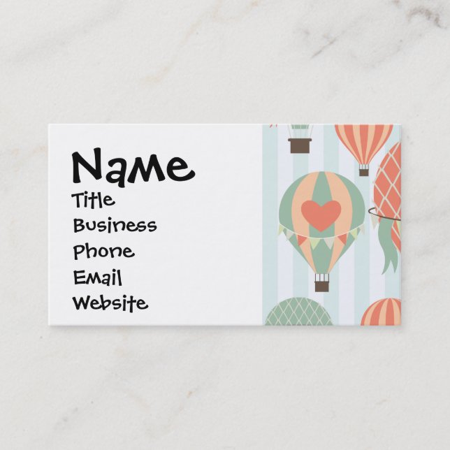 Pastel Hot Air Balloons Rising on Blue Striped Pat Business Card (Front)