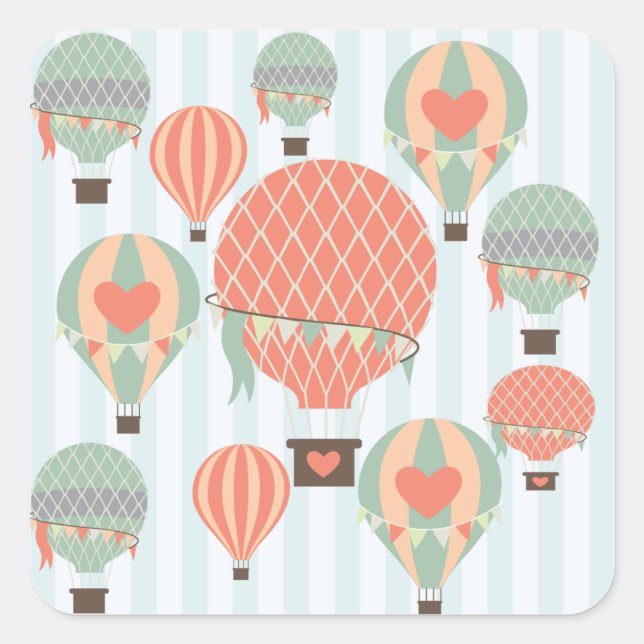 Pastel Hot Air Balloons Rising on Blue Stripes Square Sticker (Front)