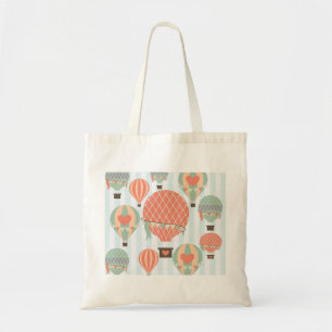Pastel Hot Air Balloons Rising on Blue Stripes Tote Bag