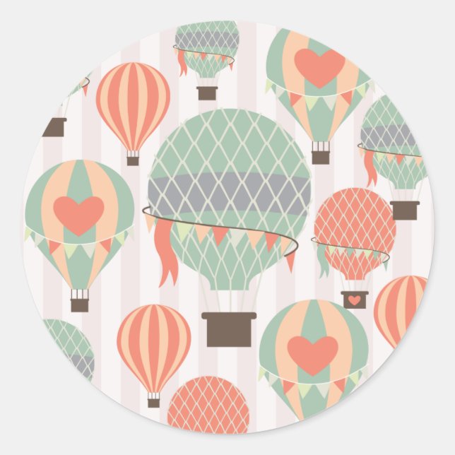 Pastel Hot Air Balloons Rising Pink Striped Sky Classic Round Sticker (Front)