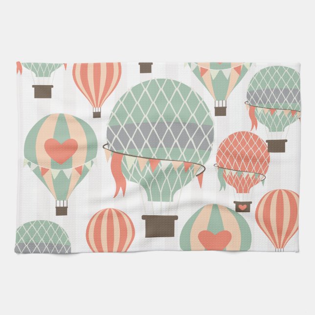 Pastel Hot Air Balloons Rising Pink Striped Sky Kitchen Towel (Horizontal)