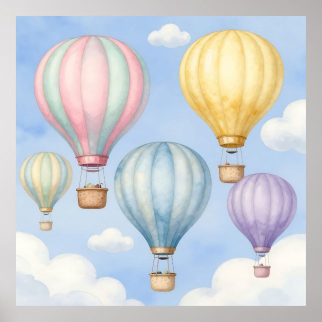 Pastel Hot Air Balloons Sky Poster (Front)