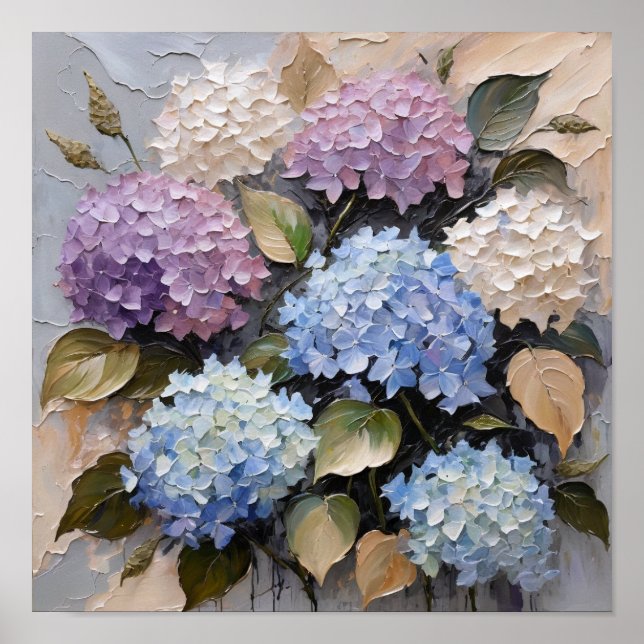 Pastel Hydrangea Bouquet – Textured Floral Poster (Front)