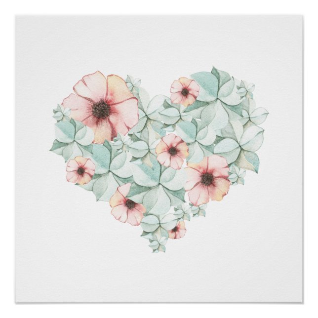 Pastel Hydrangea Floral Heart Poster Print (Front)