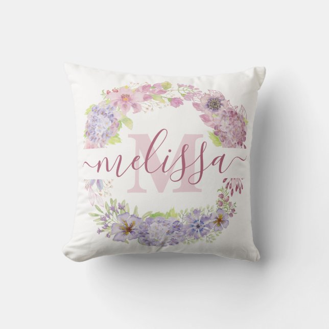 Pastel hydrangea wreath personalized throw pillow (Front)