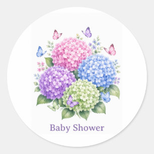 Pastel Hydrangeas and Butterfly Baby Shower Classic Round Sticker