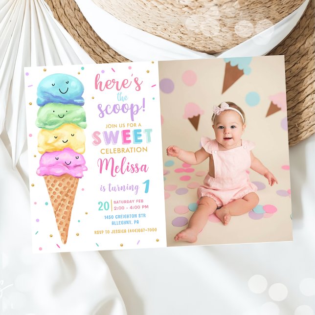 Pastel Ice Cream Here's the Scoop Birthday Photo Invitation (Creator Uploaded)