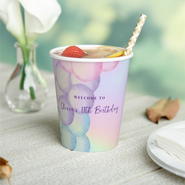 Pastel Iridescent Balloon Arch Birthday Paper Cups (Insitu)