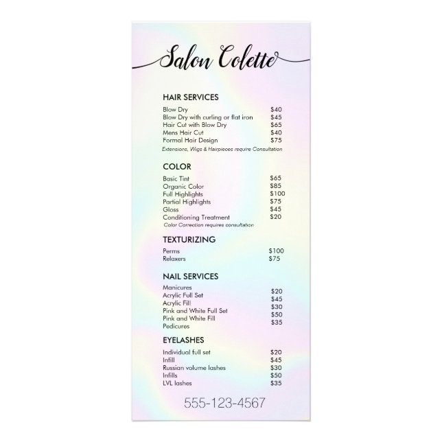 Pastel Iridescent Calligraphy Salon Service Menu (Front)