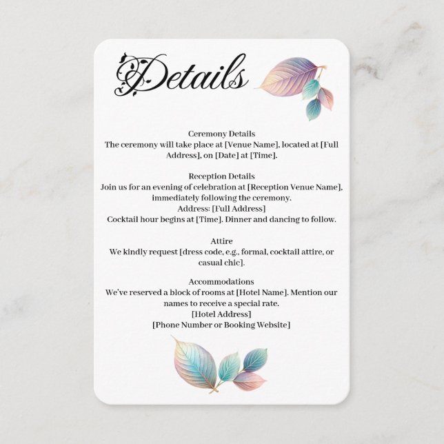 Pastel Iridescent Leaves Wedding Dreamy Pastels Enclosure Card (Front)