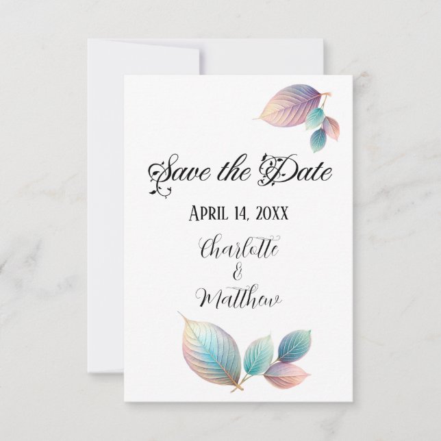 Pastel Iridescent Leaves Wedding Dreamy Pastels Save The Date (Front)