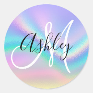 Pastel Iridescent Rainbow Wave Ombre Foil Monogram Classic Round Sticker