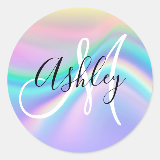 Pastel Iridescent Rainbow Wave Ombre Monogram Classic Round Sticker (Front)