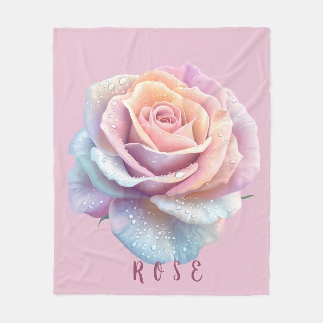 Pastel Iridescent Rose & Dewdrops Romantic Fleece Blanket (Front)