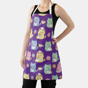 Pastel Kawaii Baking Cats Seamless Pattern Kitchen Apron