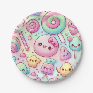 Pastel Kawaii Candy Pattern Kids Birthday Party Paper Plate